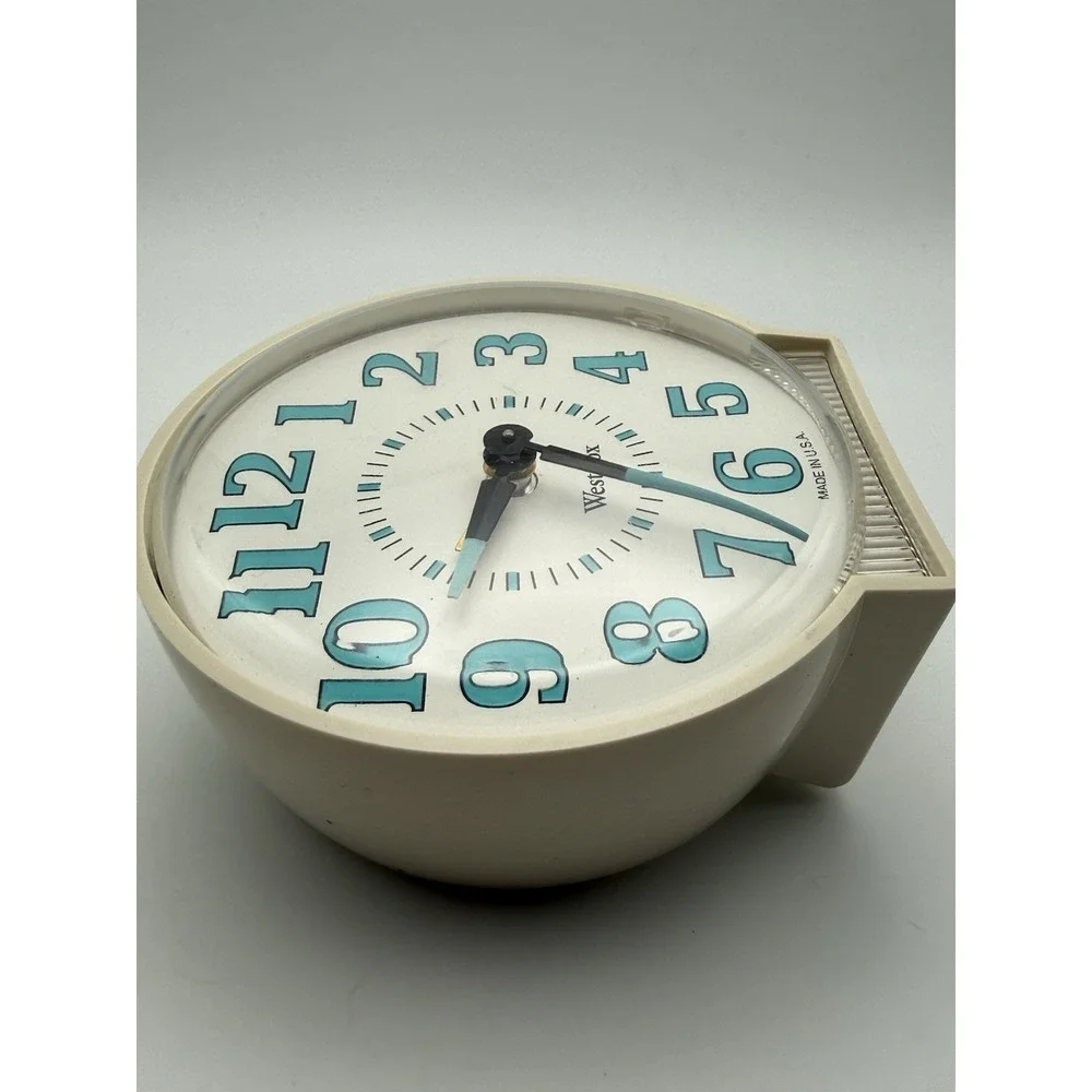 Vintage White Westclox Wind Up Alarm Clock Glow In The Dark Turquoise Numbers